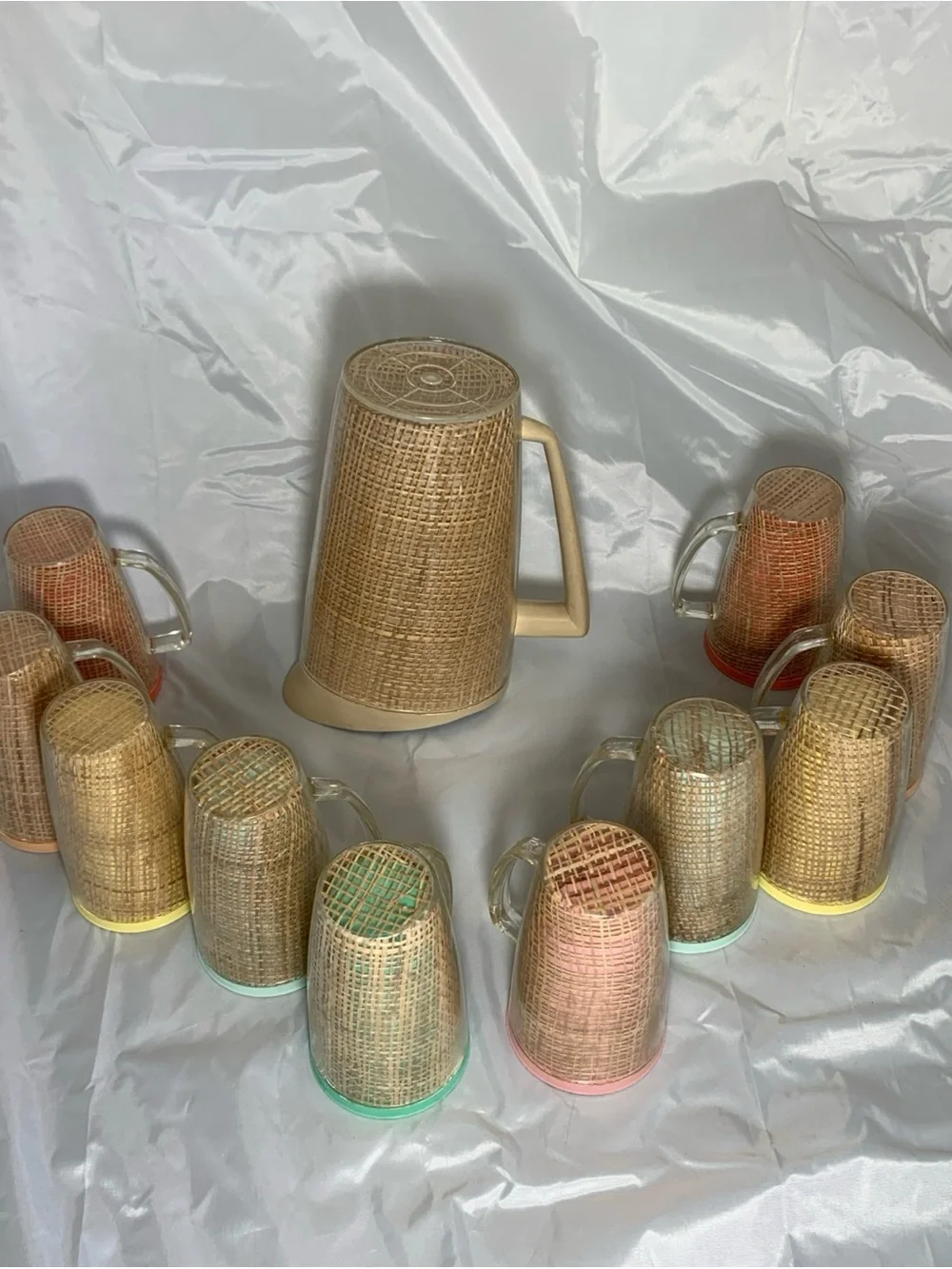 MCM Raffiaware Thermo-Temp Insulated 1 Pitcher 10 Handle Tumblers Burlap VTG